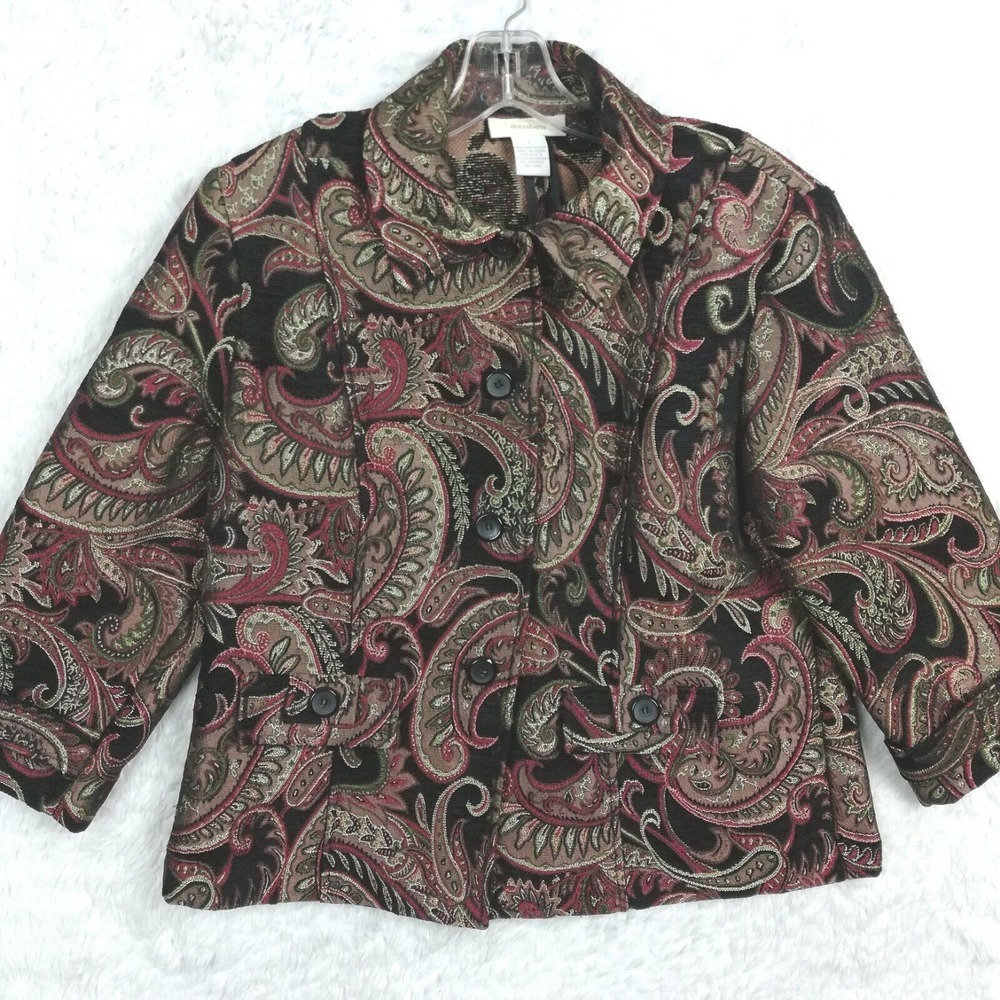 Dressbarn Womens Blazer Jacket Woven Paisley Print Textured Multicolor Button L